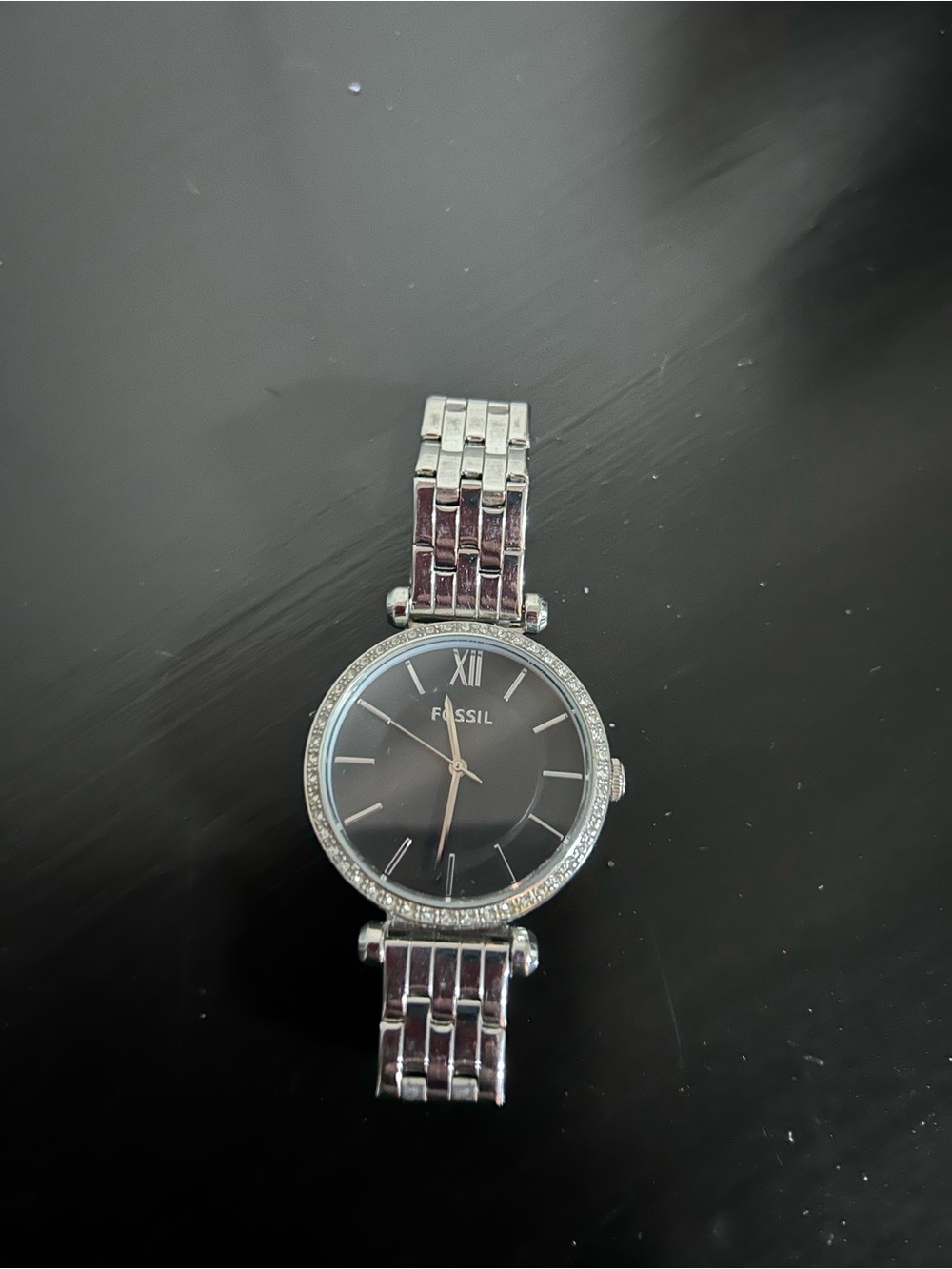 Fossil Silver and Black Women's Crystal-Trim Bracelet Watch